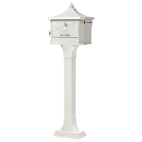 Hamilton Large Capacity Cast Aluminum Post Mount Mailbox Built To Last With Side Door Access And Locking Compartment For High Volume Deliveries Beefy Weather Ready Powder Coated Finish, shown in white with an ornate design on a pedestal.