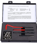 Close-up of 30 Piece Pro Grade Thread Repair Kit with stainless steel M6x1 threaded inserts and tools in case.
