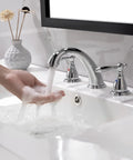 Chrome 8 Inch Widespread Bathroom Faucet With Metal Pop Up Drain Lead Free 3 Hole Lavatory Faucet For Sink Vanity Use WF0084C in use.