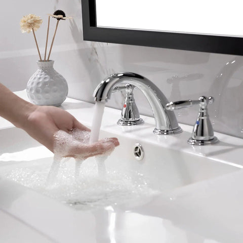 Chrome 8 Inch Widespread Bathroom Faucet With Metal Pop Up Drain Lead Free 3 Hole Lavatory Faucet For Sink Vanity Use WF0084C in use.