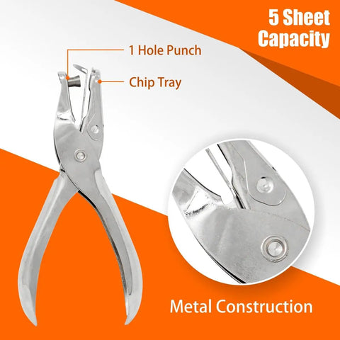 Shiny silver handheld punch, 5 sheet capacity, durable metal construction for crafts and office, 12 Pack Single Hole Puncher Set.