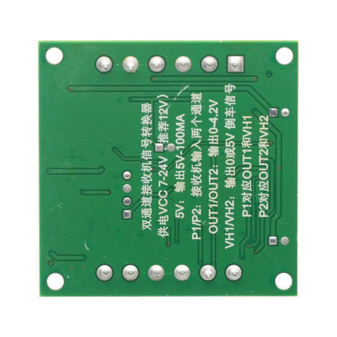 Dual Channel PWM To Voltage Servo Receiver Converter for RC Crawlers, 7 to 24V Power Supply, green circuit board front view