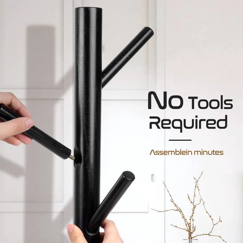 Close-up of assembling the Sturdy Wooden Coat Rack Freestanding With Eight Hooks And Three Adjustable Heights 24 48 69 Inches