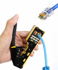 Hand holding Pass Through RJ45 Crimp Tool Kit For Network Installations With Wire Tracker 110 88 Punchdown Tool Cat6 Cat5e Cat5 Crimping Tool And Wire Stripper In Sturdy Carrying Case with blue Ethernet cable