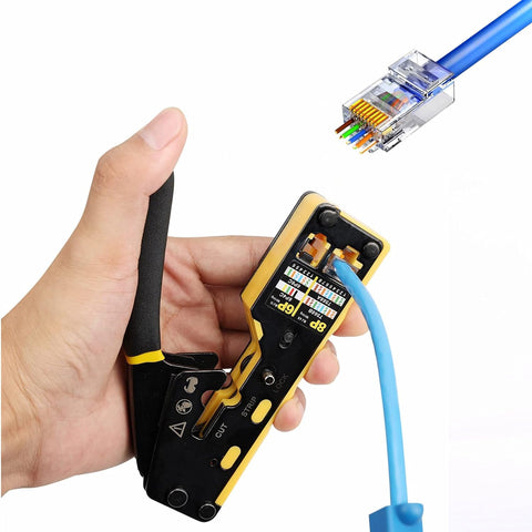 Hand holding Pass Through RJ45 Crimp Tool Kit For Network Installations With Wire Tracker 110 88 Punchdown Tool Cat6 Cat5e Cat5 Crimping Tool And Wire Stripper In Sturdy Carrying Case with blue Ethernet cable