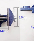 2-In-1 Dual-Purpose Bench Vise And Table Vise With End-Point Locking Device Portable Universal Clamp-On Vise Rotates 360 Degrees 3.0 Inch Jaw For Heavy-Duty Precise Metalworking Projects Blue, side view showing 3.0 inch jaw and clamp dimensions.