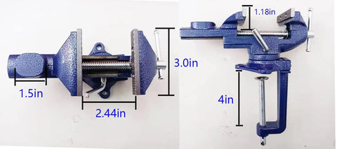 2-In-1 Dual-Purpose Bench Vise And Table Vise With End-Point Locking Device Portable Universal Clamp-On Vise Rotates 360 Degrees 3.0 Inch Jaw For Heavy-Duty Precise Metalworking Projects Blue, side view showing 3.0 inch jaw and clamp dimensions.