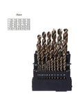 Heavy Duty M42 High Cobalt Twist Drill Bit Set 25 Piece displayed in organizer with size labels for accurate drilling.