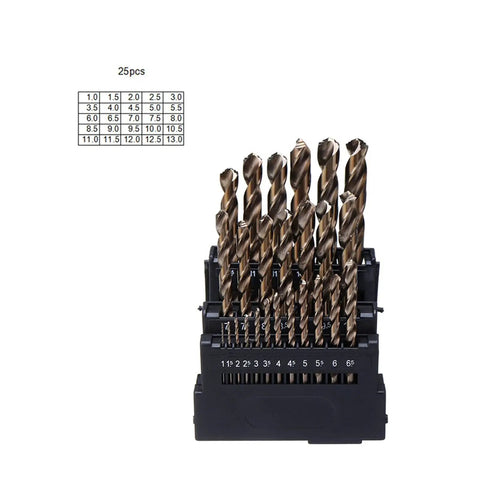 Heavy Duty M42 High Cobalt Twist Drill Bit Set 25 Piece displayed in organizer with size labels for accurate drilling.