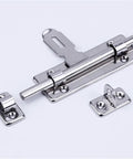 Tough As Nails Heavy Duty Sliding Bolt Door Latch Featuring Auto Return Stainless Steel Gate Lock for patio use.