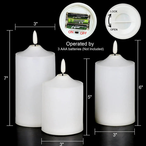 Flickering Flameless LED Candles With Remote Control And Timer, Waterproof Battery-Powered Pillar Candles, Set Of 3, battery details