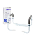 Heavy Duty White Steel Toilet Safety Rail Bathroom Grab Bar With Adjustable Width Support Frame shown with installation guide.