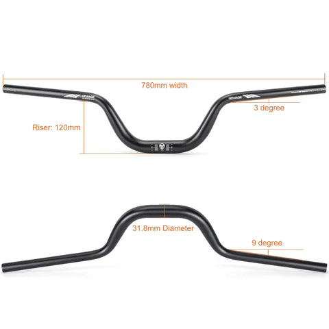 Wide 780mm mountain bike handlebar with 31.8 clamp and 120mm rise options, aluminum alloy riser bar, for trail rides, front view