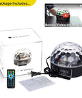 LED Disco Ball Party Light with DMX Control and Sound Activated RGB LEDs for DJs and Clubs Durable Plastic Construction Multicolor Light Show for Any Event; product package with remote and instructions.