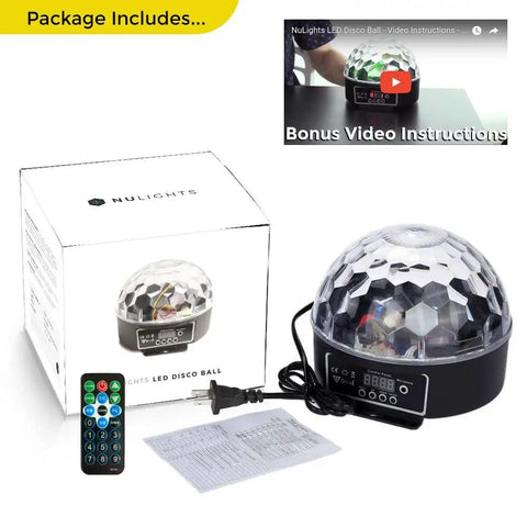 LED Disco Ball Party Light with DMX Control and Sound Activated RGB LEDs for DJs and Clubs Durable Plastic Construction Multicolor Light Show for Any Event; product package with remote and instructions.