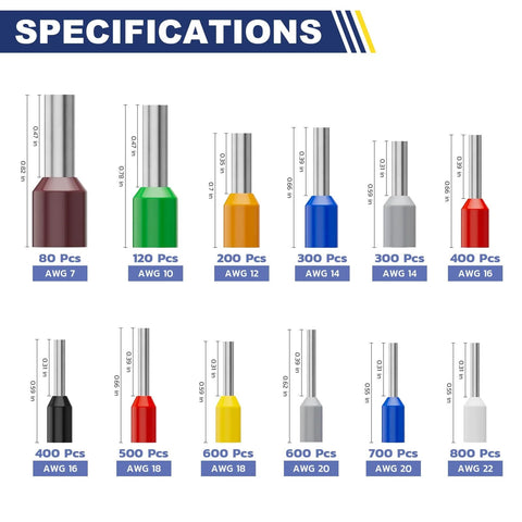 Specifications for All In One Wire Ferrule Kit With 5000 Pcs Insulated Pin Ends Pro Grade 12 Sizes From AWG22 To AWG7 Tinned Copper Terminals