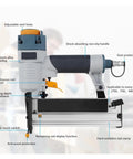Oil Free Pneumatic Staple Gun And Air Nailer With Slick Depth Adjustment Non Slip Handle And Pro Driver Set Built Tight For Job Site Hustle And Daily Trade Work 16 18 Gauge Brad with adjustable vent holes and aluminum alloy construction.