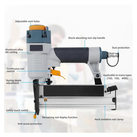 Professional Heavy Duty Pneumatic Air Nailer And Stapler Rigged Out As A Heavy Hitter With 16Ga And 18Ga Brad Options Quiet Exhaust Layout And Quick Dial Swaps For Zero Drama Build Days