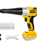 Brushless Electric Rivet Gun Compatible With Dewalt 20V Battery For Seamless Metal Joining Tasks Includes three sizes of pop rivets.