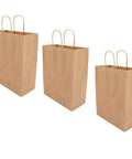 Three kraft paper shopping bags with handles, 50 pack reusable and durable, all purpose 330x260x120 mm size, visible from different angles.