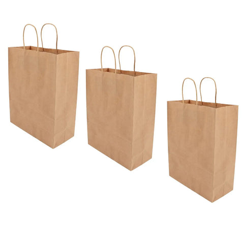 Three kraft paper shopping bags with handles, 50 pack reusable and durable, all purpose 330x260x120 mm size, visible from different angles.