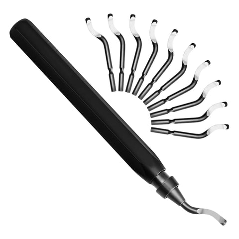 Heavy Duty 11-Blade Deburring Tool Set For Metal, Plastic, Resin & Aluminum with ergonomic handle and multiple HSS blades.