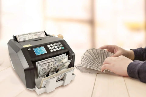 USD High Speed Money Counter With Value Counting, Add And Batch Mode, UV MG IR Counterfeit Detection, RBC ES250N in use