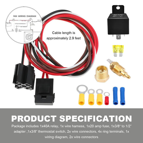Premium 40 Amp 12V Cooling Fan Relay Thermostat Switch Kit includes wiring harness, connectors, and thermostat switch.