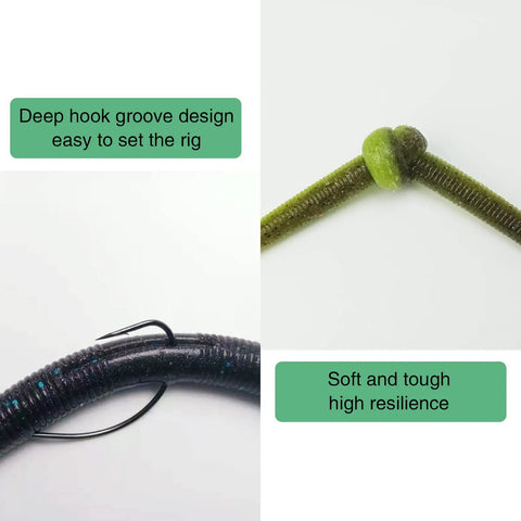 Bass Fishing Lure Kit With 30 Senko Worms In 5 Inch Size showing hook groove design and worm resilience