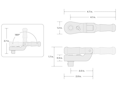 Diagram of Three Eighths Inch Drive Folding Quick Release Stubby Ratchet With Angled Handle And 180 Degree Non Locking Joint Range