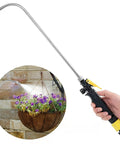 25 Inch Spray Wand With Adjustable Nozzle For Hanging Baskets And Plants, shown watering a hanging basket with purple flowers.