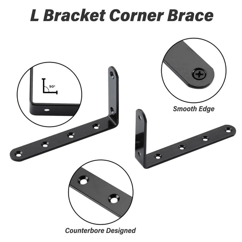 Heavy Duty L Brackets And Corner Braces 5 X 3 Inch Solid Steel 4 Pack with black finish showing smooth edges and counterbore design.