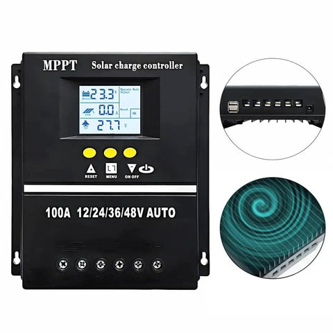 100A MPPT Solar Charge Controller With LCD Display Auto Detect 12V 24V 36V 48V Dual USB Ports with side and back panel views