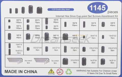 Screw Assortment Kit With Hex Drive Cup Point Grub Screws 1145-Piece SAE And Metric Set Includes Custom Hex Keys And Tweezers For Home Repairs, DIY Projects, And Handy Fixes.