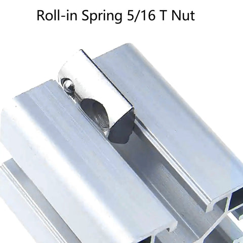 Close-up of Built Like A Tank 20 Pack 5/16 18 Threaded Roll In T Nuts With Ball Spring Design in aluminum profile rail.