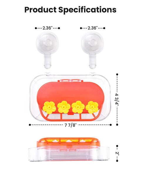 Window Hummingbird Feeder With Dual Suction Cups 4 Feeding Ports Easy To Clean And Refill Clear Plastic Hummingbird Feeder For Garden Ideal Gift 10Oz showing dimensions