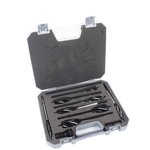Rock Solid Woodworking Auger Drill Bit Set Forged From Premium High Carbon Steel For Rough Jobs And Smooth Wood Boring in storage case.