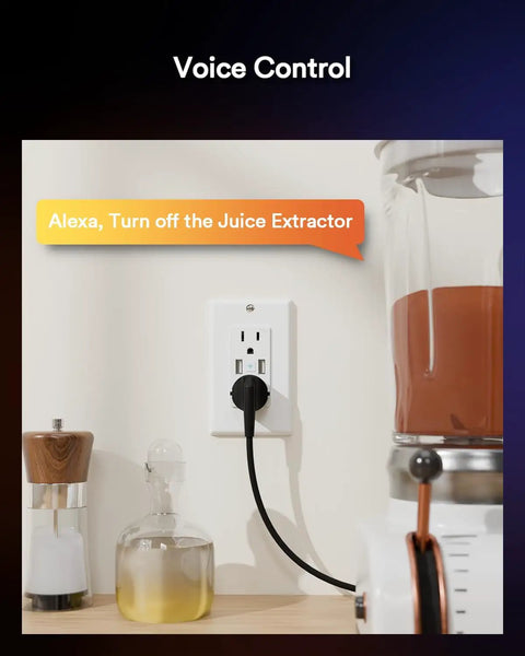 Smart WiFi Outlet With Dual USB Ports And Two Plugs, 15 Amp Tamper Resistant Wall Outlet Works With Alexa And Google Home next to blender