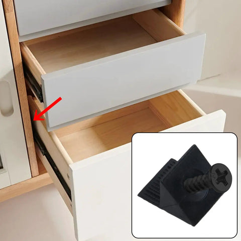 One Hundred Plastic Drawer Wedges With M4 Self Tapping Screws for No Sweat Furniture Repair, showing drawer and wedge detail.