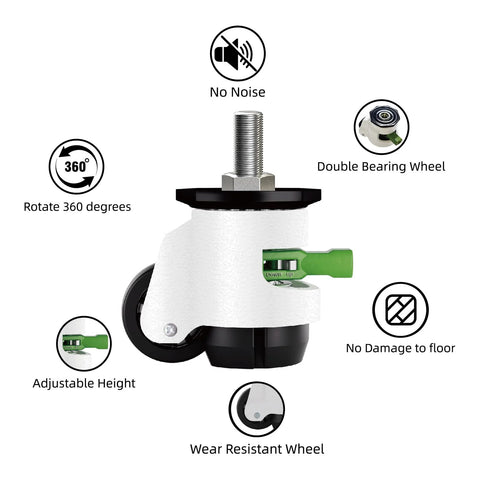 Features of Heavy Duty Caster Wheels Set Of 4 With Leveling Stem Casters And Retractable Wheels, highlighting 360 rotation, adjustable height.