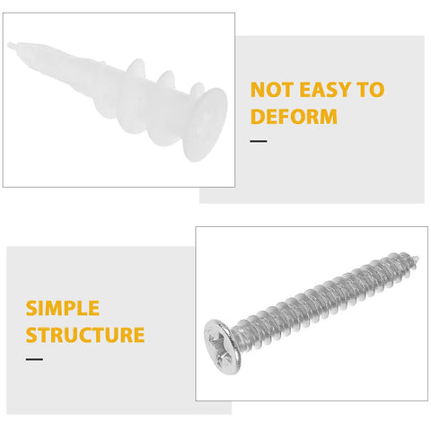Heavy Duty Wall Anchors Set With Screws For Drywall And Concrete, featuring white anchor and stainless steel screw close-up