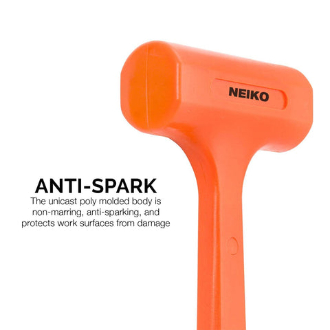 2 Pound Neon Orange Dead Blow Hammer with unibody molded handle, anti-spark design, suitable for metalworking and auto body work.