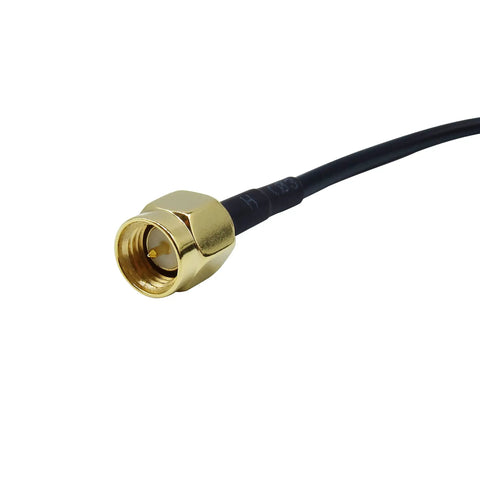 Close-up view of Male To Female 33Ft Coax Extension Cable RG174 Low Loss Antenna Extender with gold SMA male connector