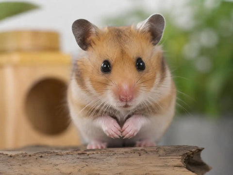 A curious hamster in front of a Hand Woven Willow Twig Tunnel Small Pet Hideout For Hamsters And Small Critters All Natural Safe Chewable Hideaway Cozy Critter Friendly Tunnel Measures Four Inches Wide Five And A Quarter Inches Deep Four And A Half Inches High.