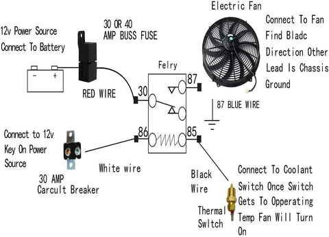 Wiring diagram for the Street Ready 16 Inch Electric Radiator Cooling Fan With Smart Thermostat Wiring Switch and Relay Kit.