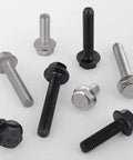 Heavy Duty M8 X 20mm Flanged Hex Head Bolts 25 Piece Pack Class 10.9 Grade Black Zinc Plated Alloy Steel Fasteners in assorted colors.