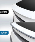 Before and after view of Precision Fit No Drill Rear Trunk Spoiler For Tesla Model Y Juniper 2025 2026 Upgrade with Carbon Fiber tail wing.