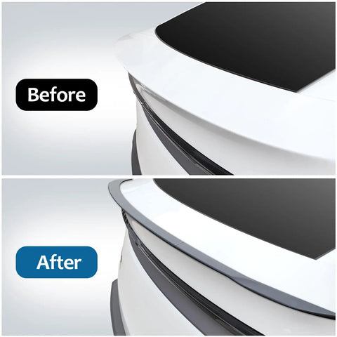 Before and after view of Precision Fit No Drill Rear Trunk Spoiler For Tesla Model Y Juniper 2025 2026 Upgrade with Carbon Fiber tail wing.