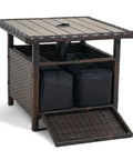 All Weather Outdoor Umbrella Stand Table With Two Weight Bags 22 Inch Wicker Side Table With Umbrella Hole Sturdy Rattan Base