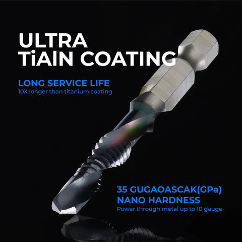 Metric M3 To M10 6Pc Combo Drill And Tap Bit Set With Ultra TiAlN Coating in focus, shows hex shank and serrated tip detail.